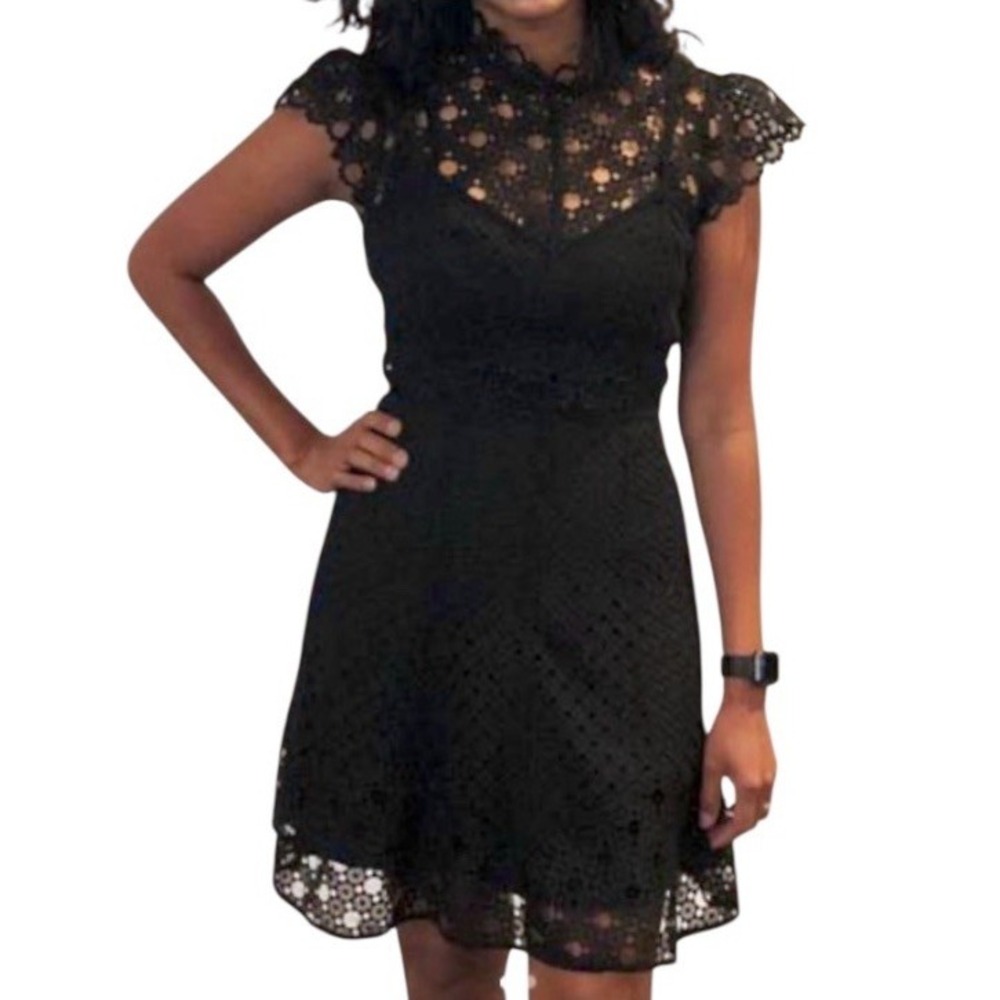 Bardot Black Lace Dress US 4 XS High Neck Cap Sleeve Fit Flare NWT - Picture 3 of 11
